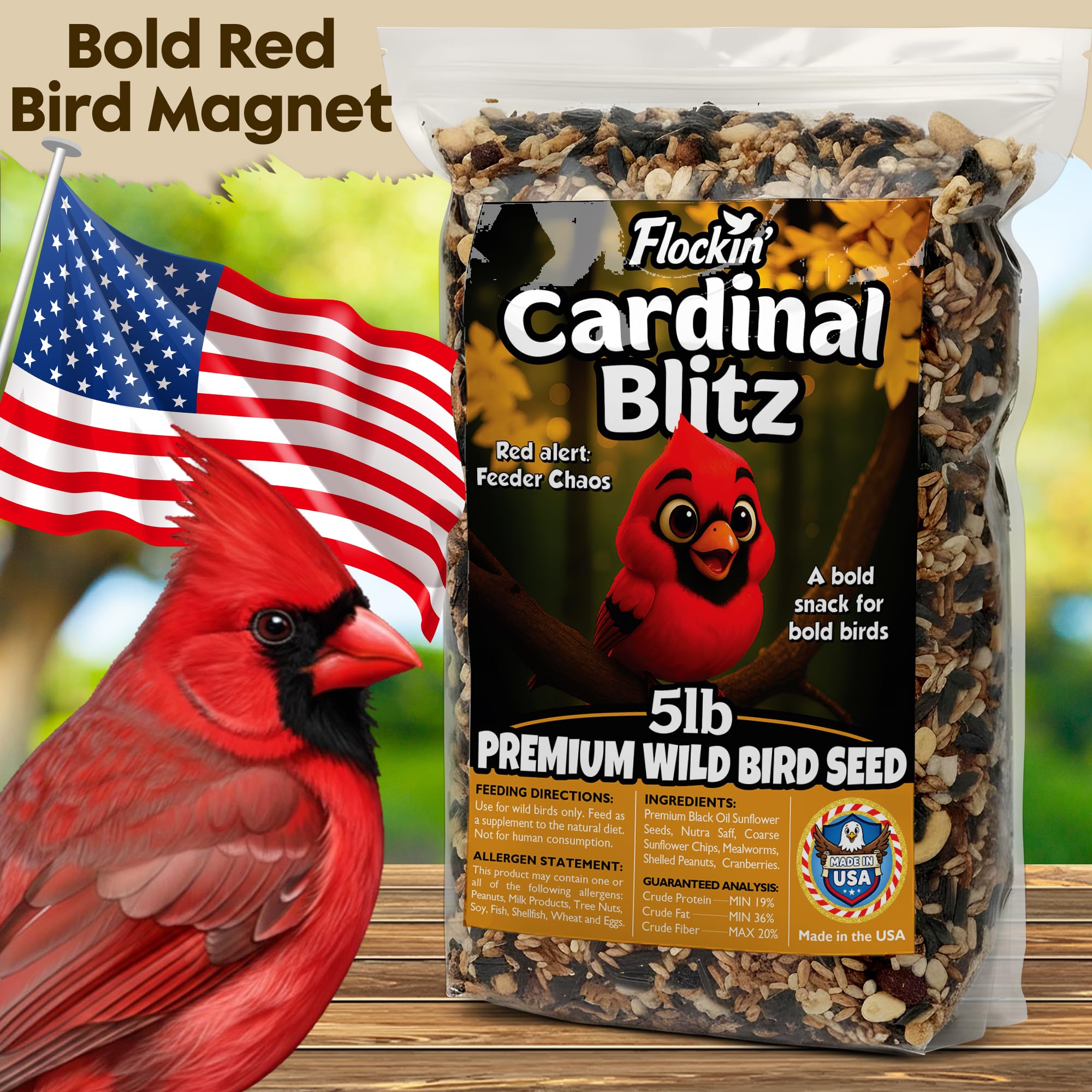 Flockin' Cardinal Seeds with cranberries highlights fruit-rich mix for diverse backyard birds.