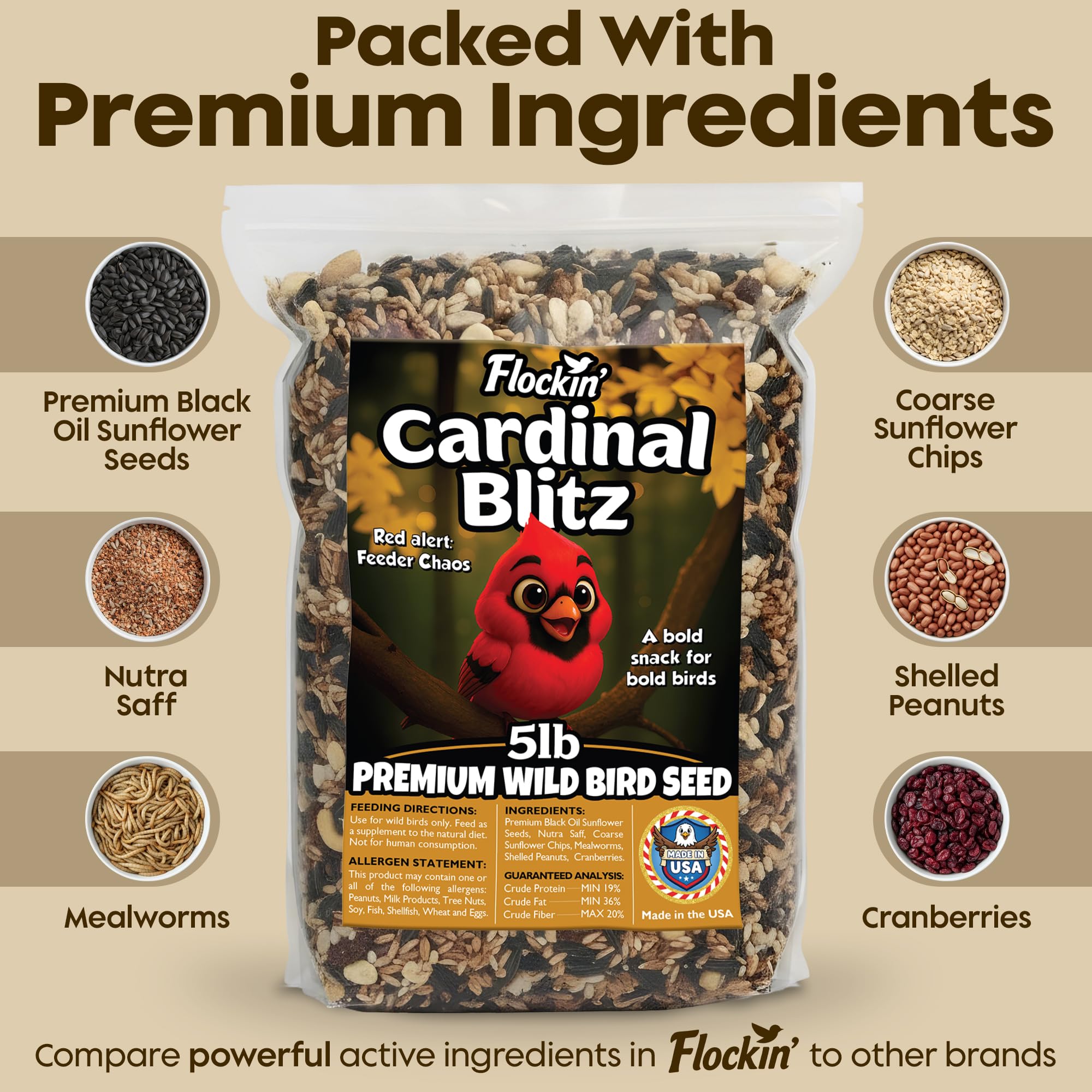 Flockin' Cardinal Seeds mix with mealworms and peanuts supports energy for backyard birds.