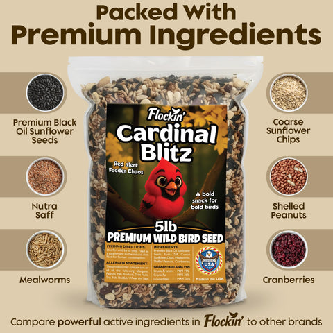 Flockin' Cardinal Seeds mix with mealworms and peanuts supports energy for backyard birds.