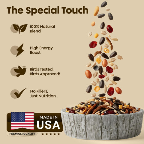 Flockin' Cardinal Seeds premium sunflower seeds emphasize year-round feeding for cardinals.