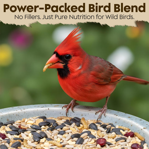 Flockin' Cardinal Seeds USA-made badge signals trusted, safe nutrition for wild birds.