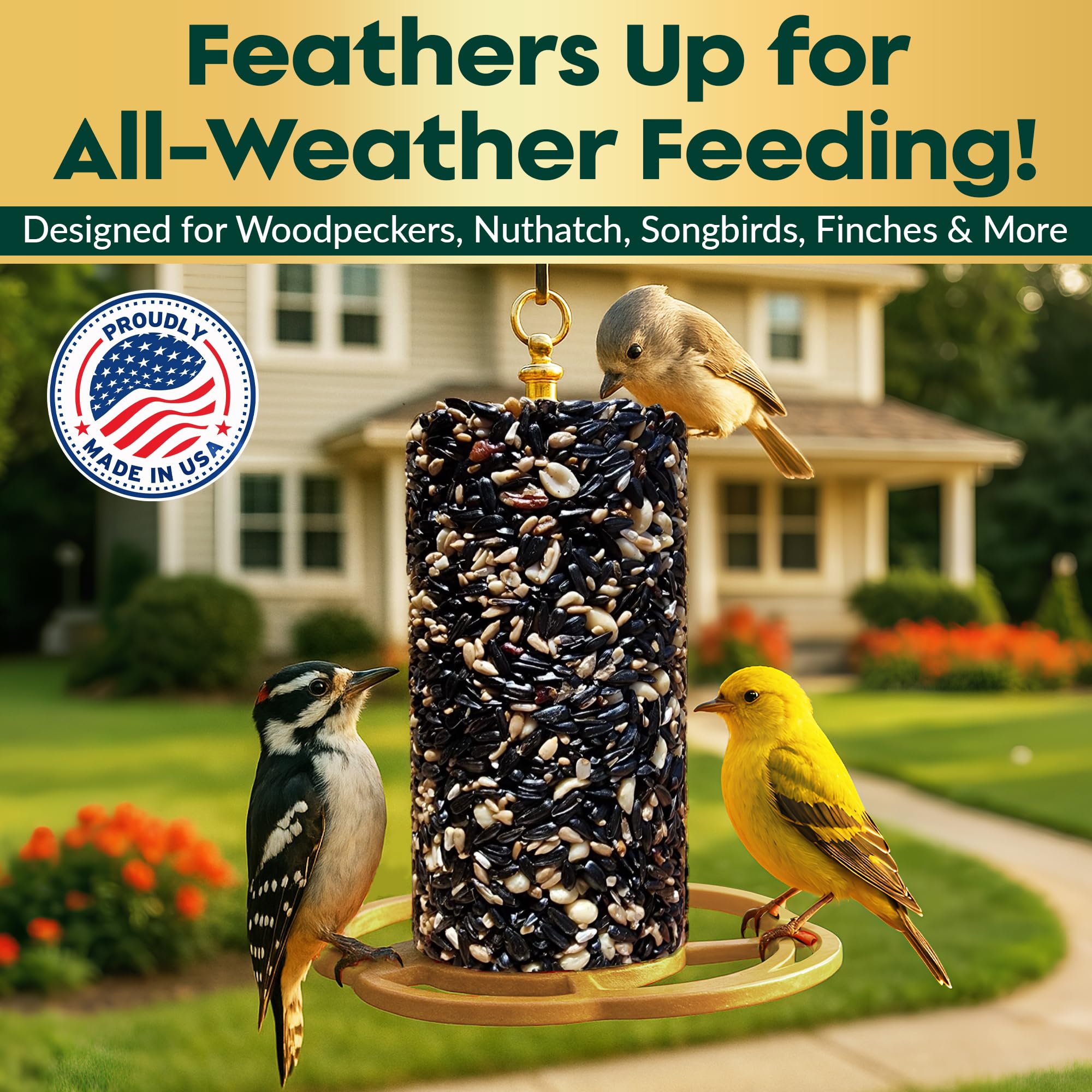 Flockin USA-made bird food shown on a feeder with birds visiting.