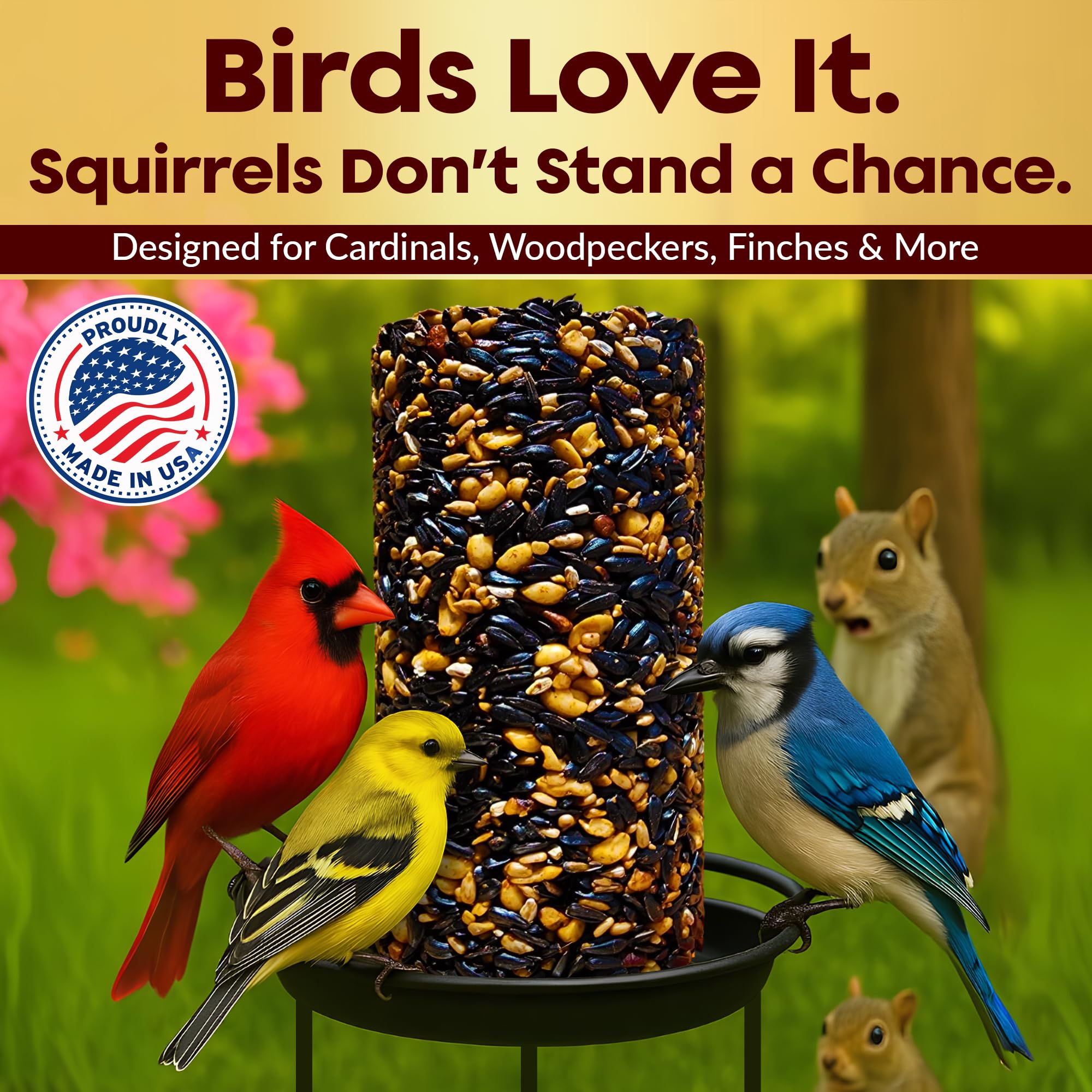 Flockin' cardinals and finches feeding on premium blend at the feeder.
