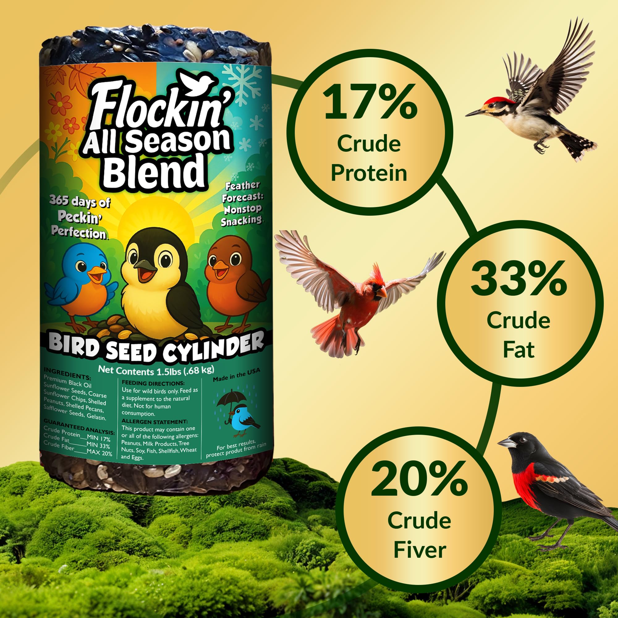 Flockin no fillers blend showcased in natural backyard setting.