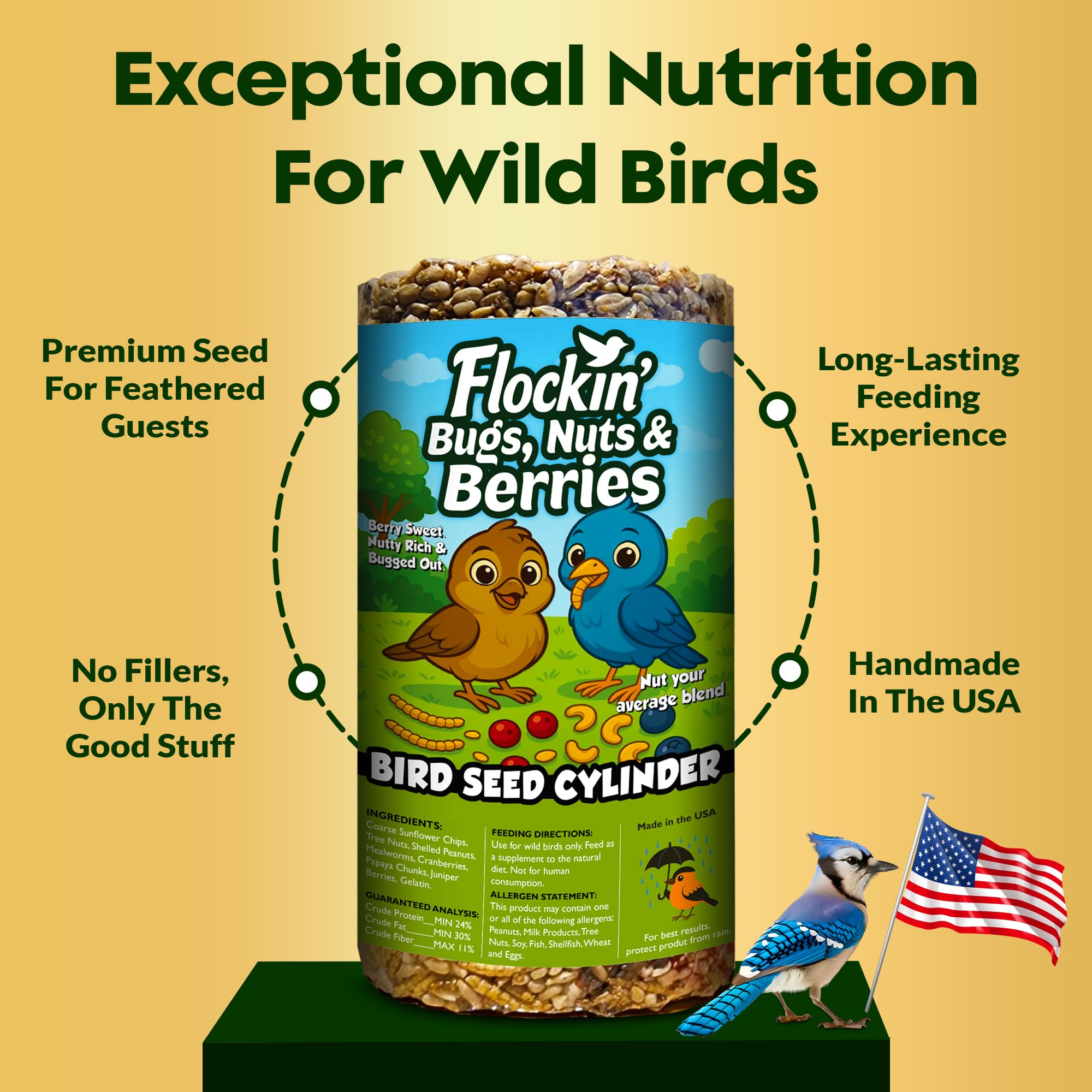 Flockin seed cylinder with coarse sunflower chips attracts diverse backyard birds.