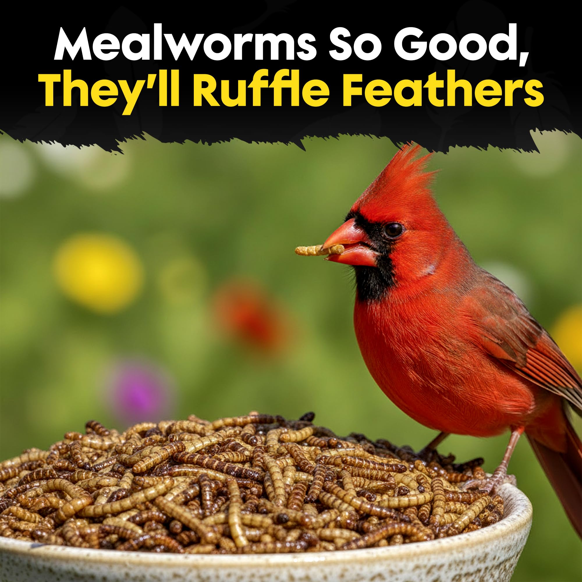 Flockin' dried mealworms close-up highlight protein-rich nutrition for wild birds.