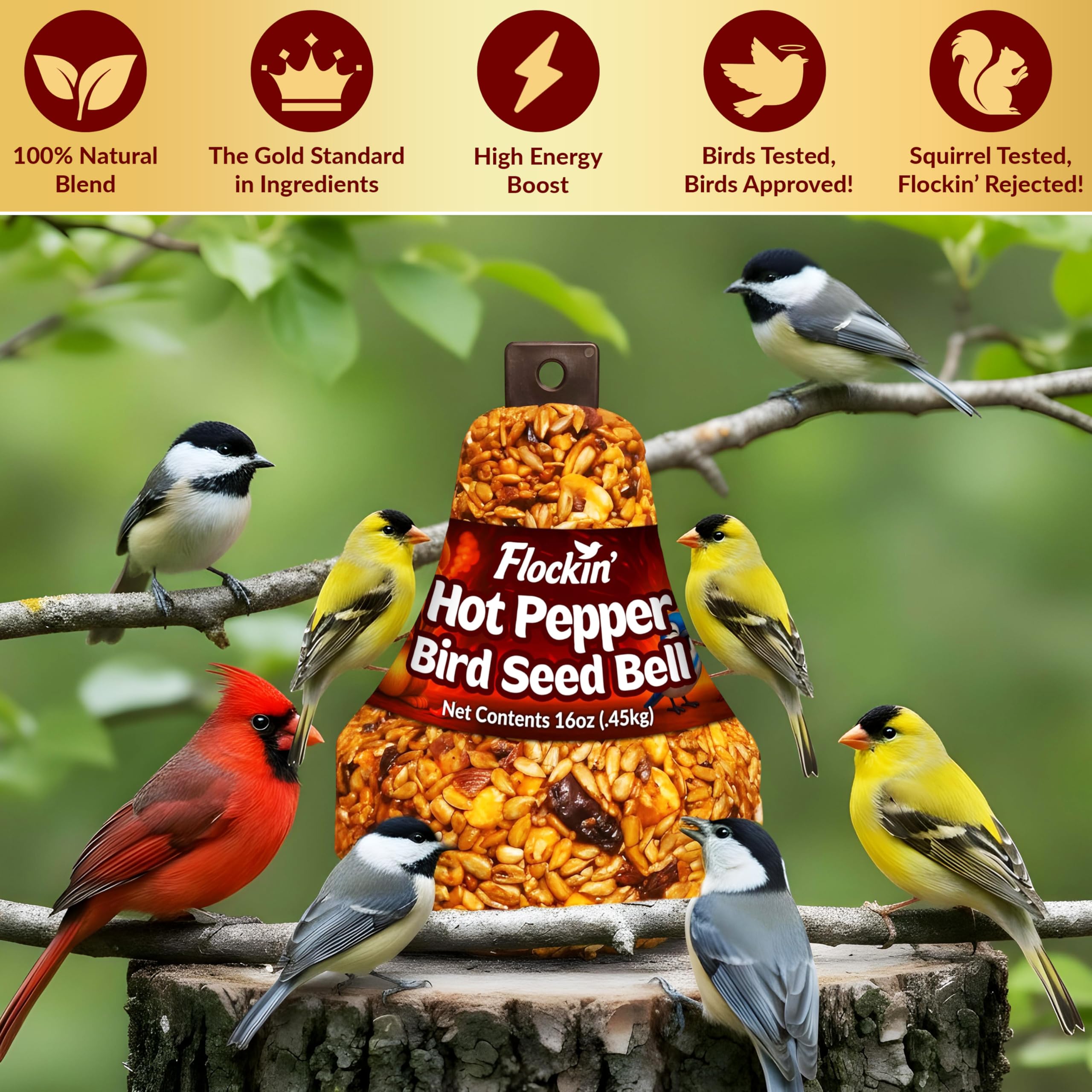 A cardinal perches near the Flockin' Hot Pepper Bird Seed Bell waiting for a snack.