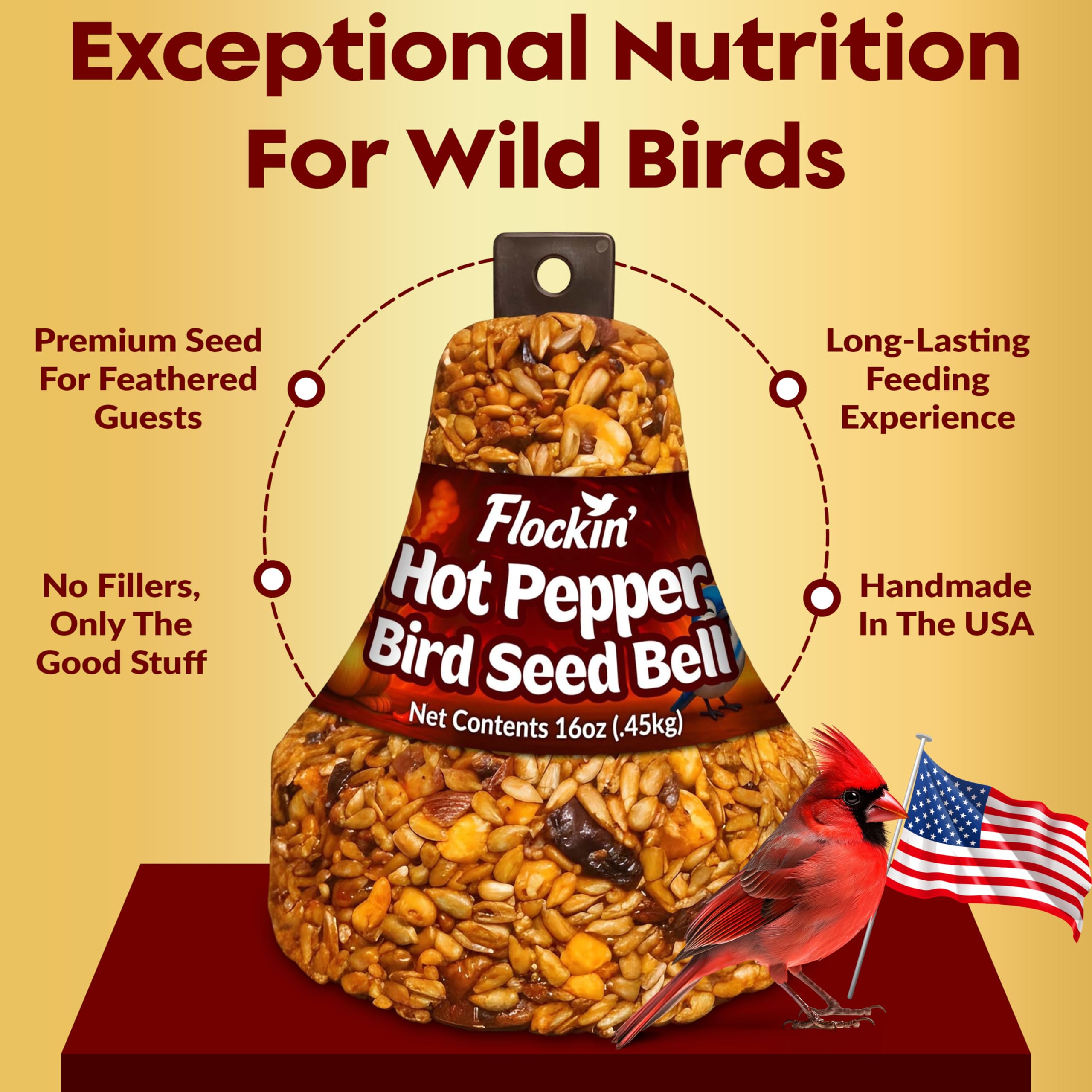Birds mid-feeding on the Flockin' Hot Pepper Bird Seed Bell in a tree.