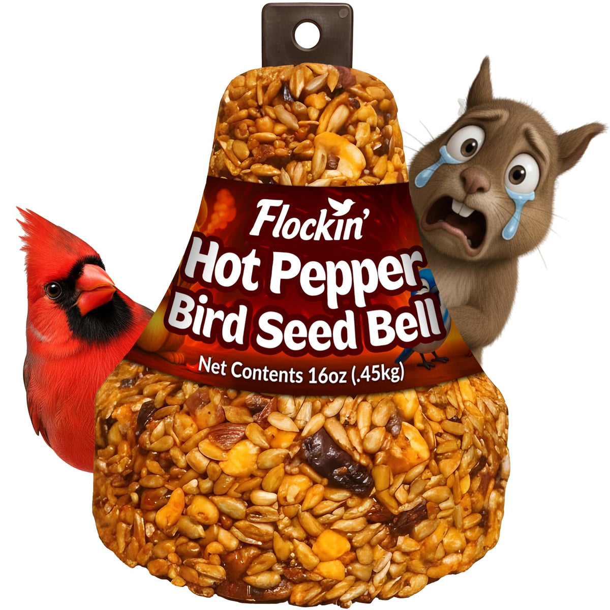 Flockin' Hot Pepper Bird Seed Bell packaging shows all-natural ingredients.