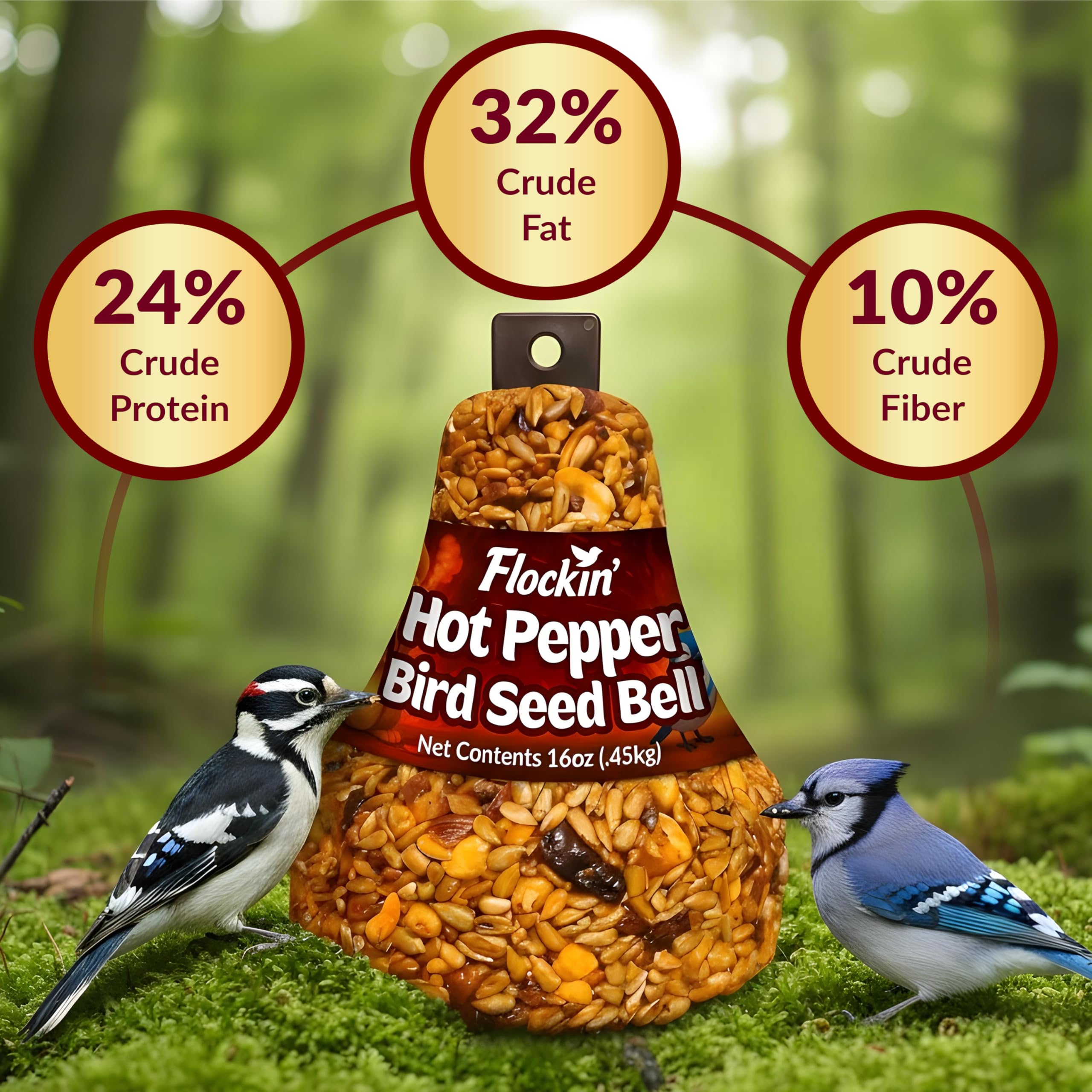 Woodpeckers and chickadees visit the Flockin' Hot Pepper Bird Seed Bell.