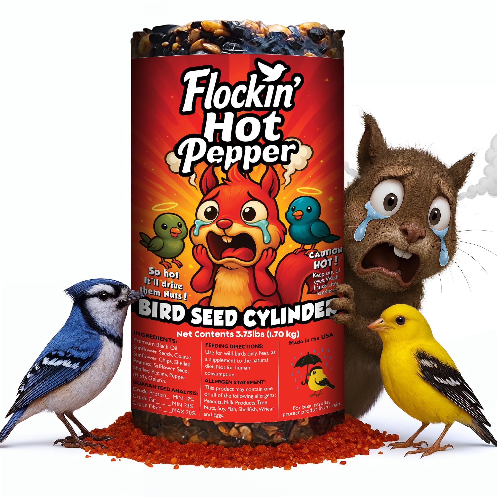 Flockin' hot pepper seed cylinder with center hole visible boosts feeder compatibility.