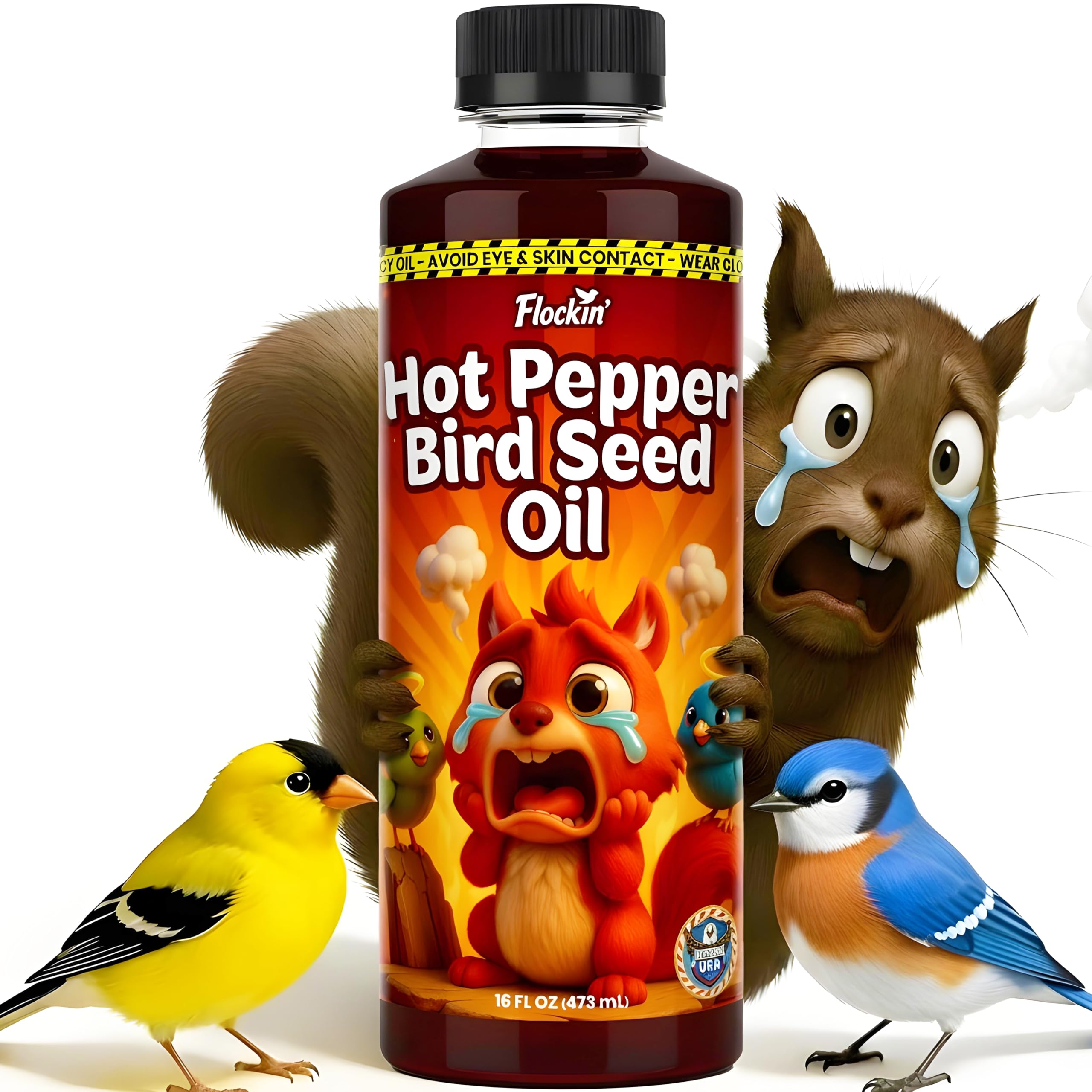 Flockin' Flaming Hot Pepper Oil bottle pouring onto bird seed
