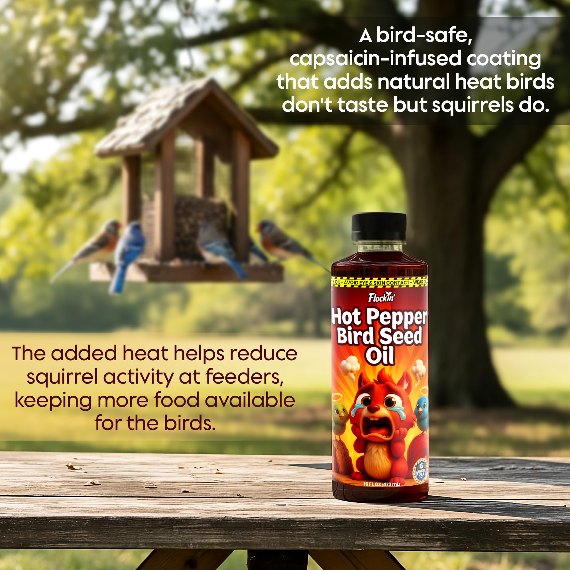 Product packaging display featuring Flockin' pepper oil