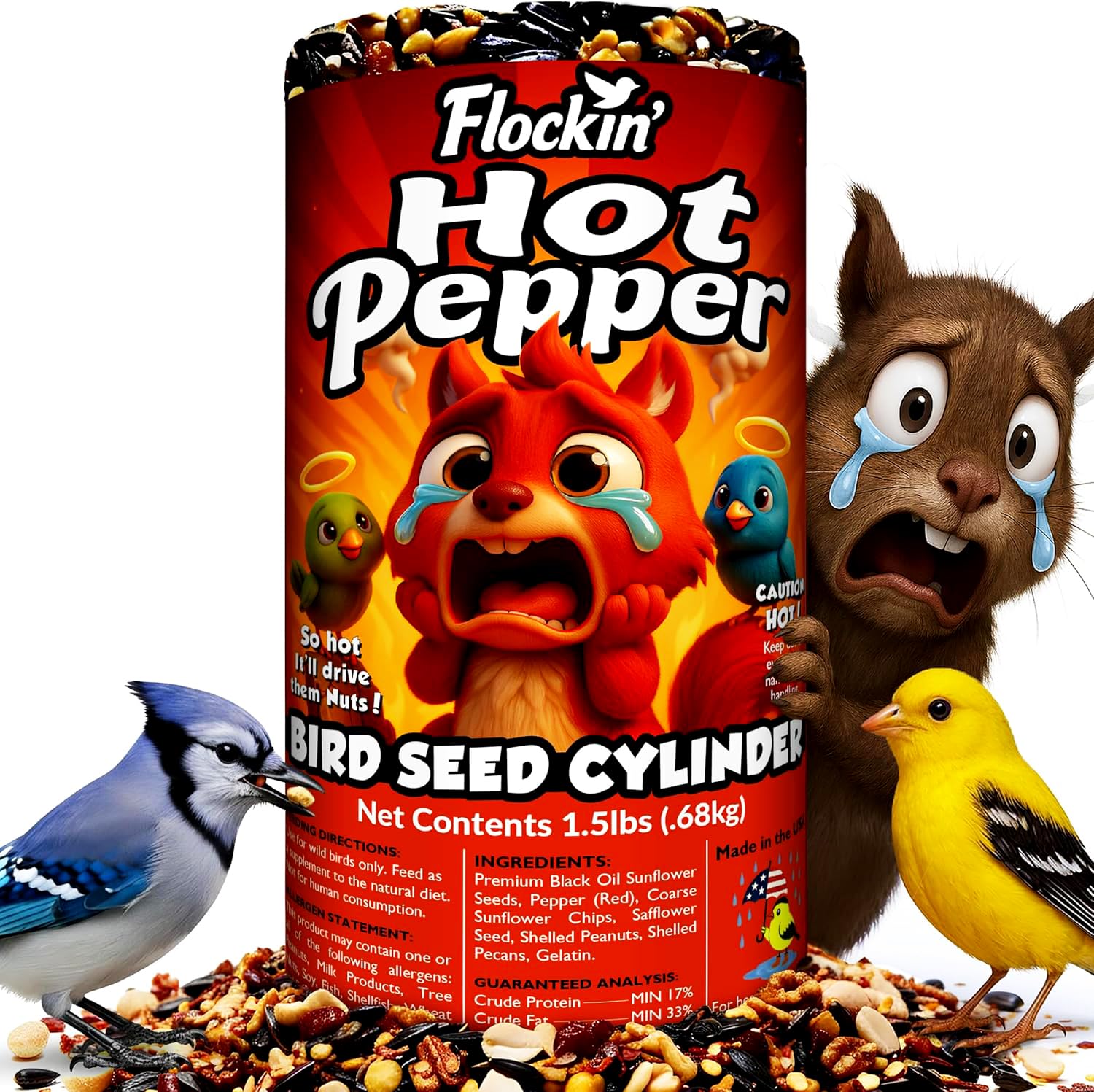 Flockin hot pepper seed cylinder with center hole deters squirrels while feeding songbirds.