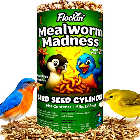 Flockin mealworm log with hole at feeder attracting cardinals