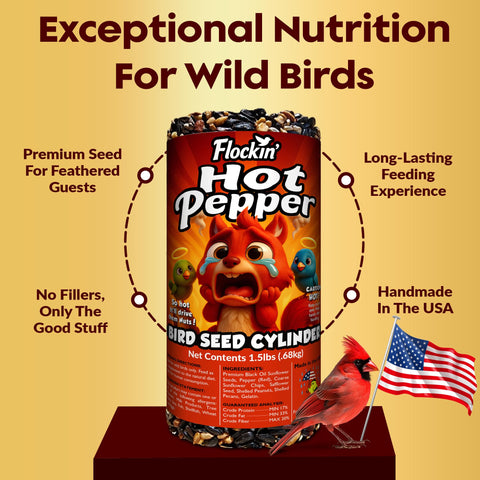 Flockin no-mess seed formula reduces spills while feeding birds.