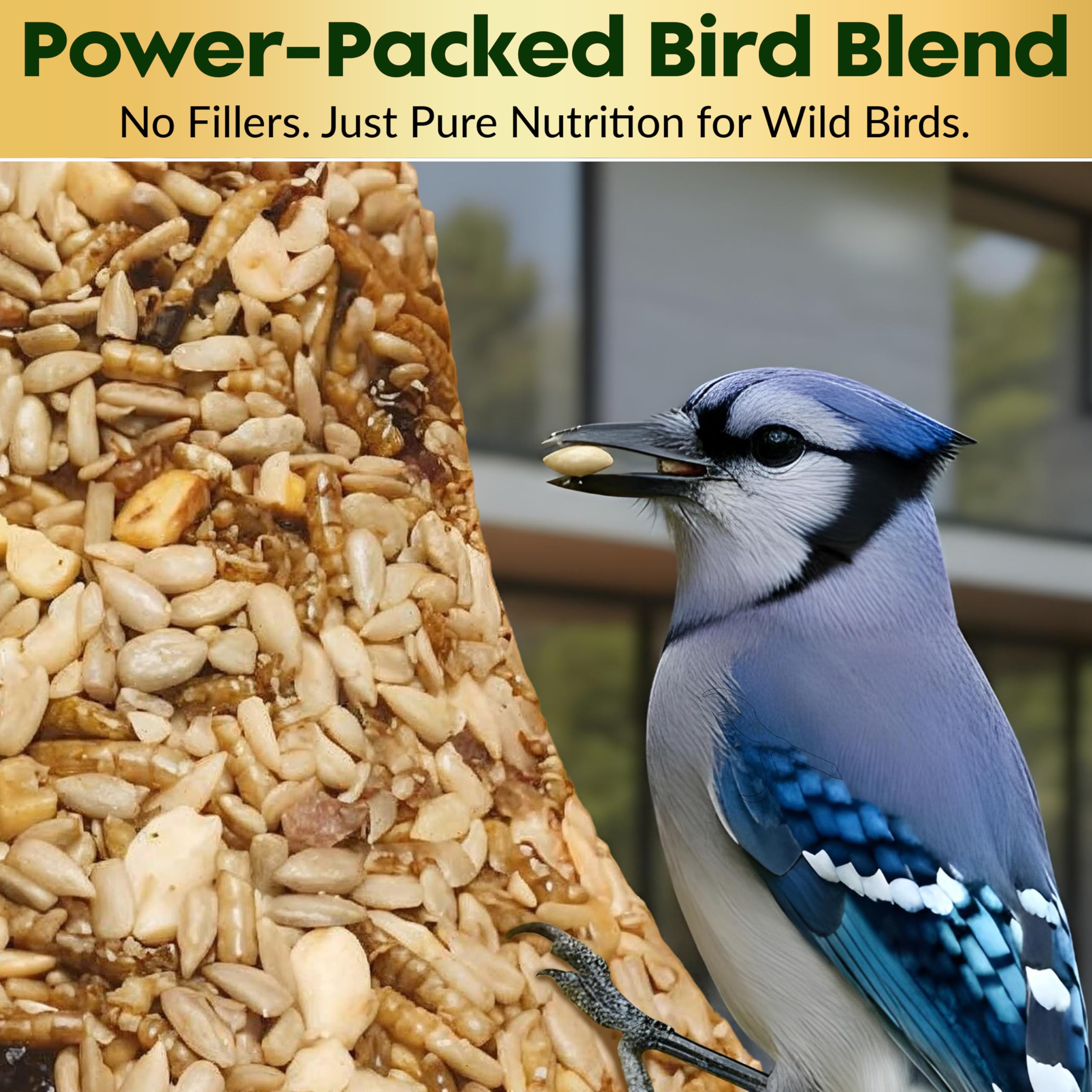 Flockin' premium ingredients: coarse sunflower chips and tree nuts in the seed bell.