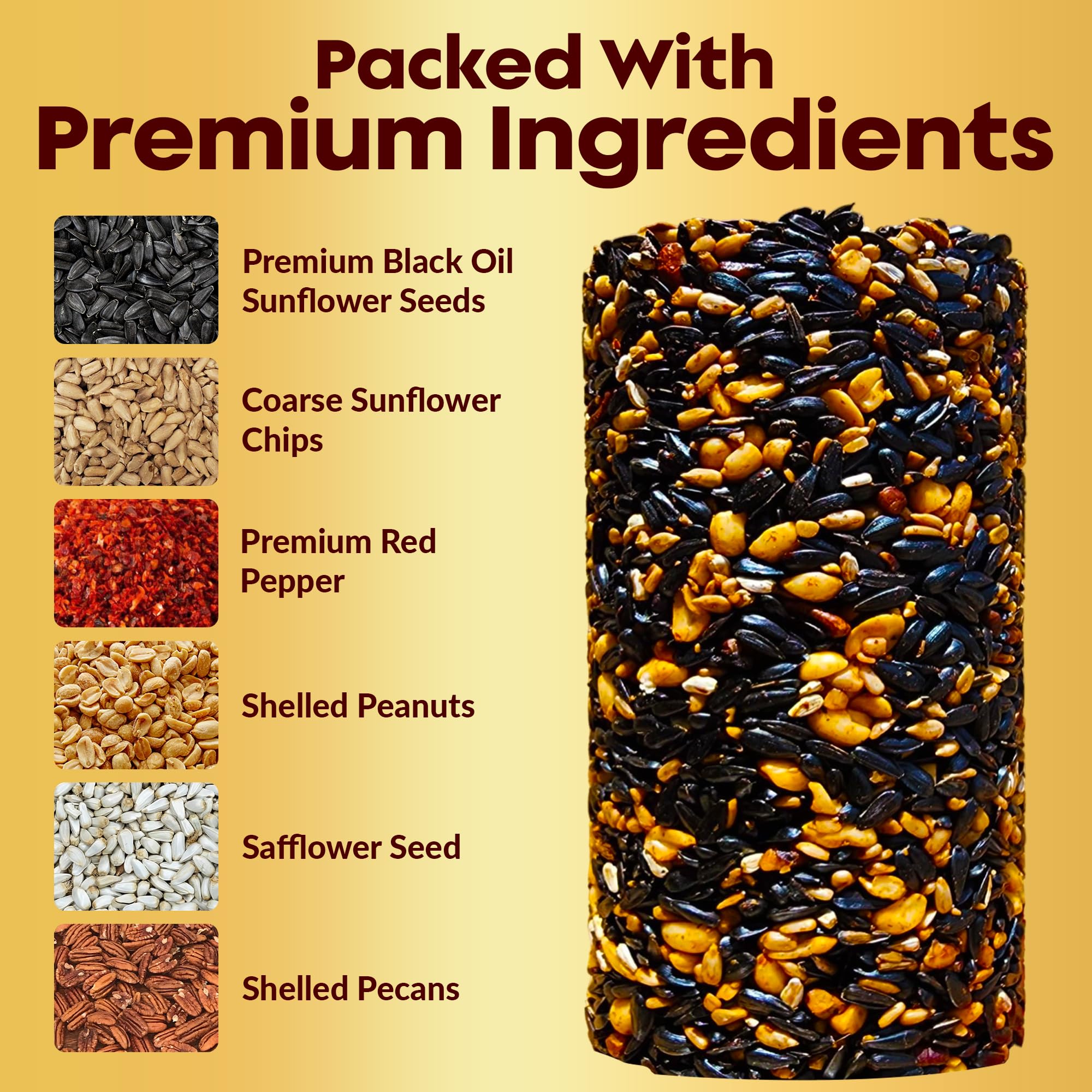 Flockin' premium seed blend closeup showcases diverse ingredients for healthy birds.