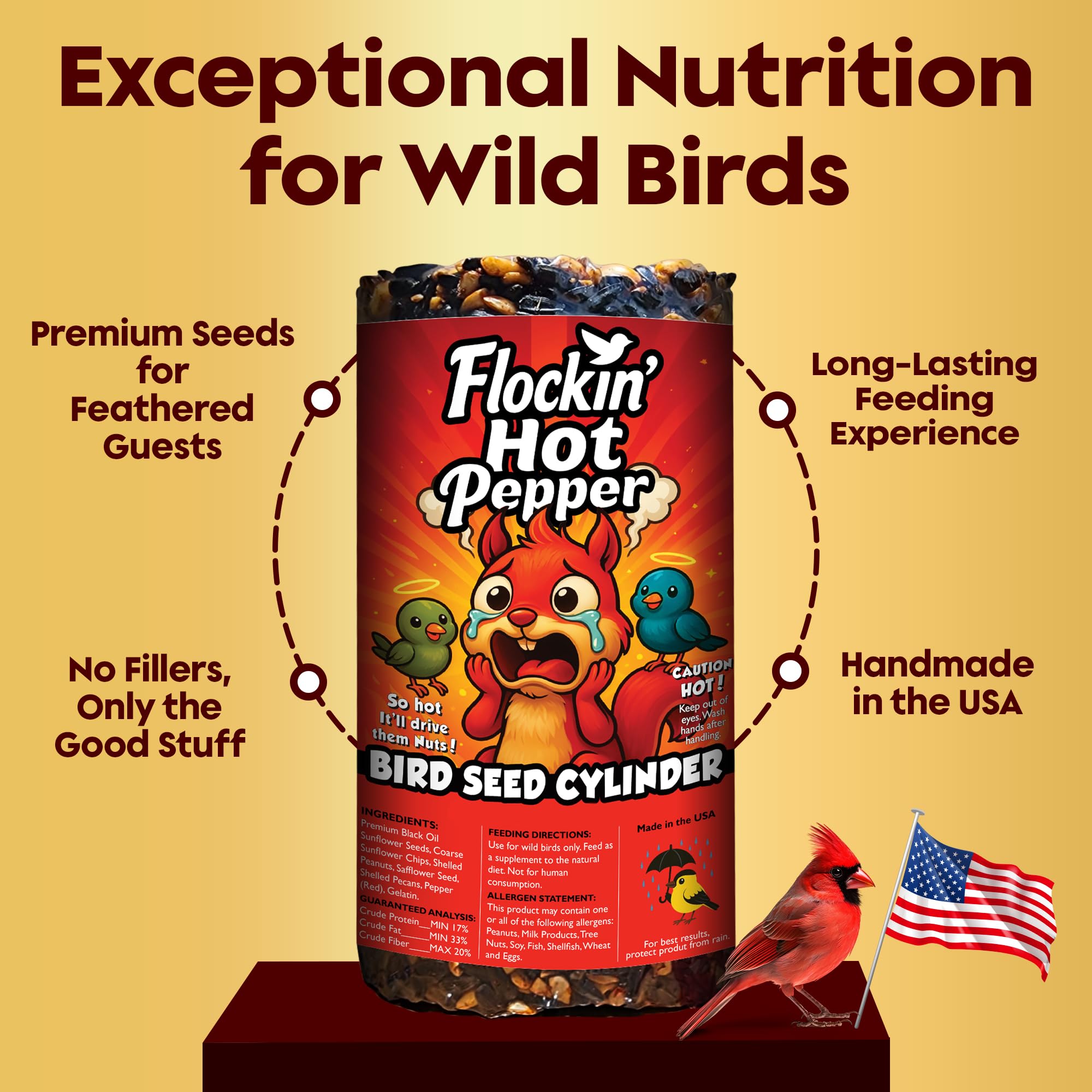 Flockin' spicy mix highlights red pepper for deterring pests while inviting birds.