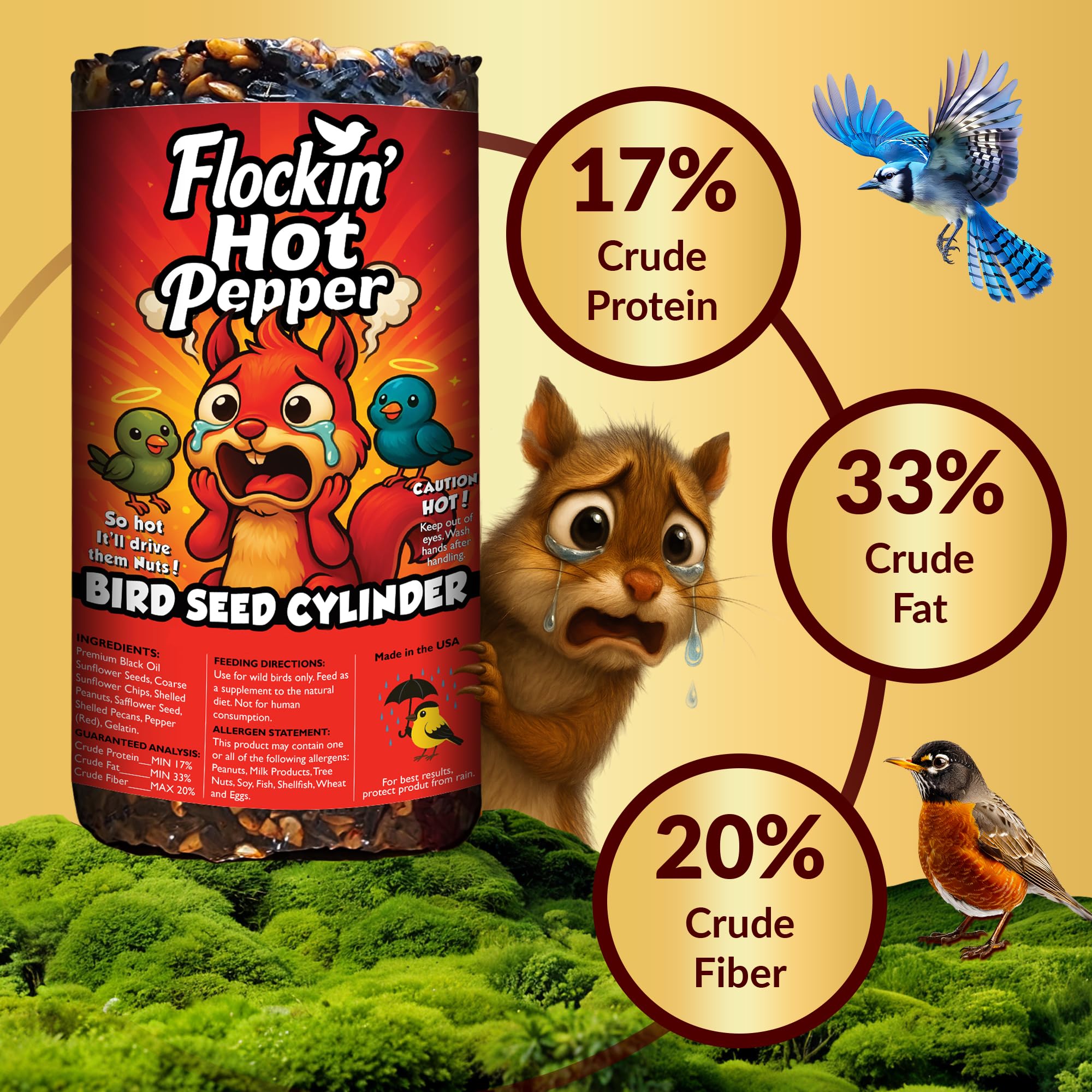 Flockin' squirrel-deterrent seed cylinder helps protect feeding areas.