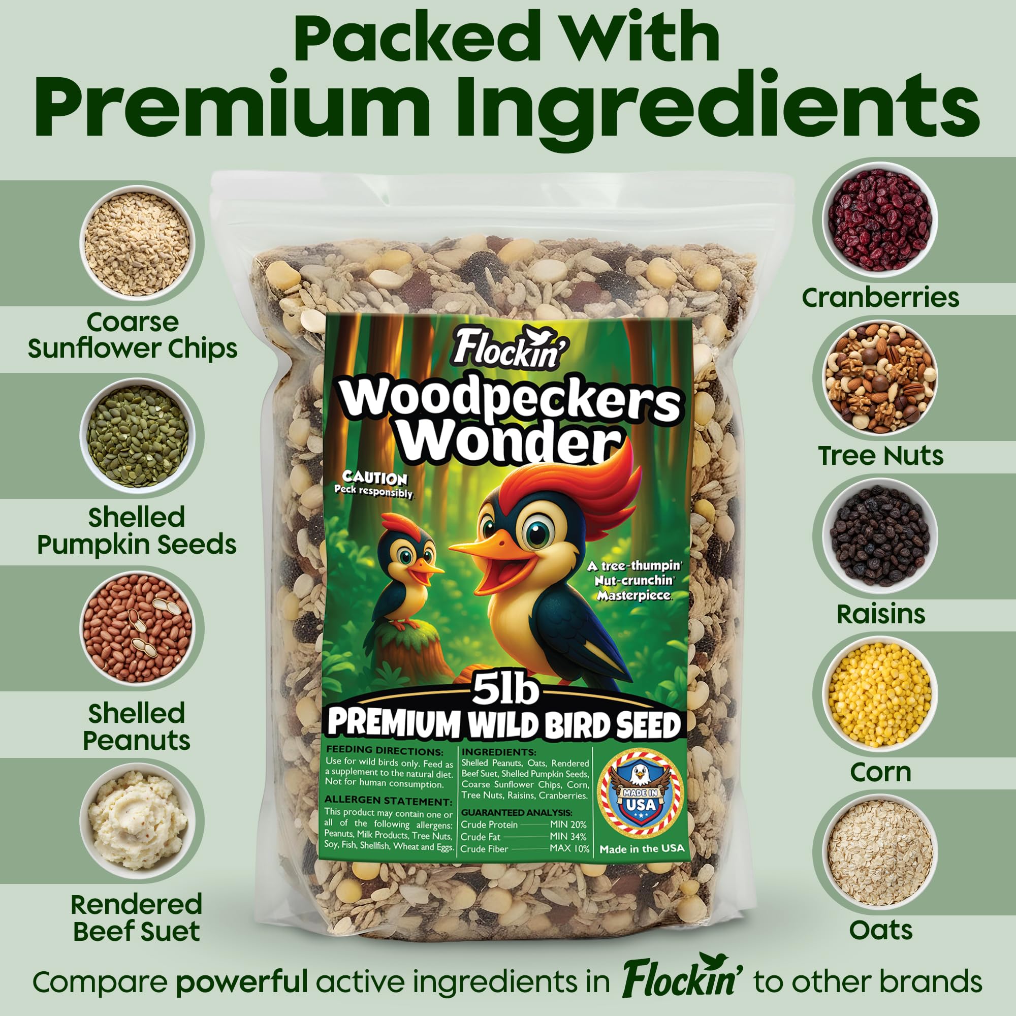 Flockin' woodpecker sunflower chips image—surface feeding appeal for clingy birds.