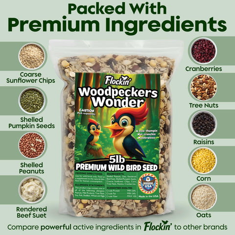 Flockin' woodpecker sunflower chips image—surface feeding appeal for clingy birds.