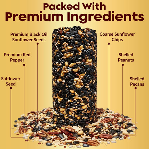 Flockin USA-made bird food seed blend invites woodpeckers and chickadees to your feeder.
