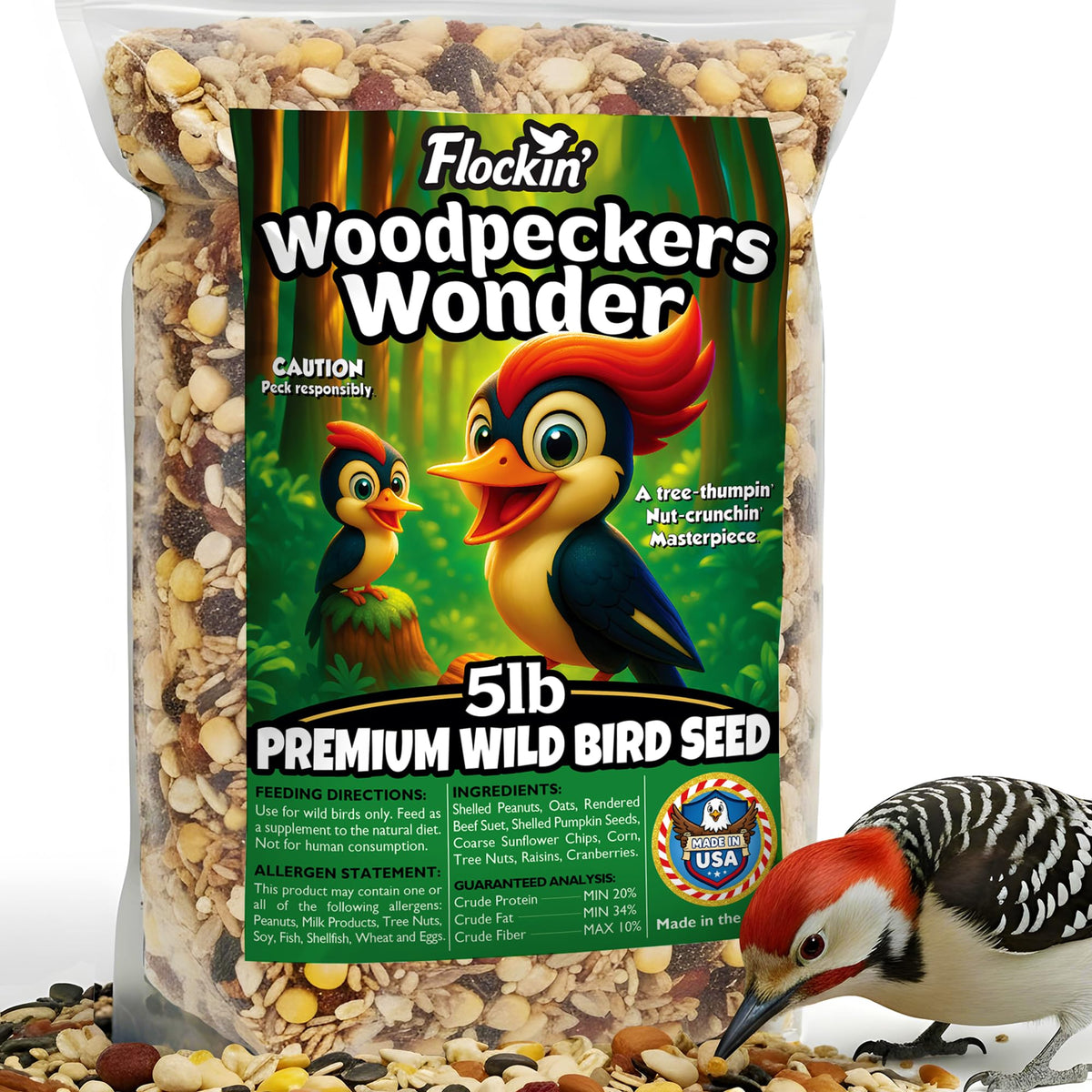 Flockin' Woodpecker seed blend bag—attracts woodpeckers with energy-rich ingredients.