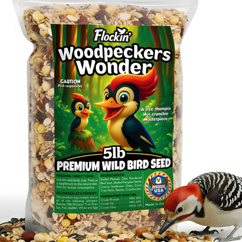 Flockin' Woodpecker seed blend bag—attracts woodpeckers with energy-rich ingredients.