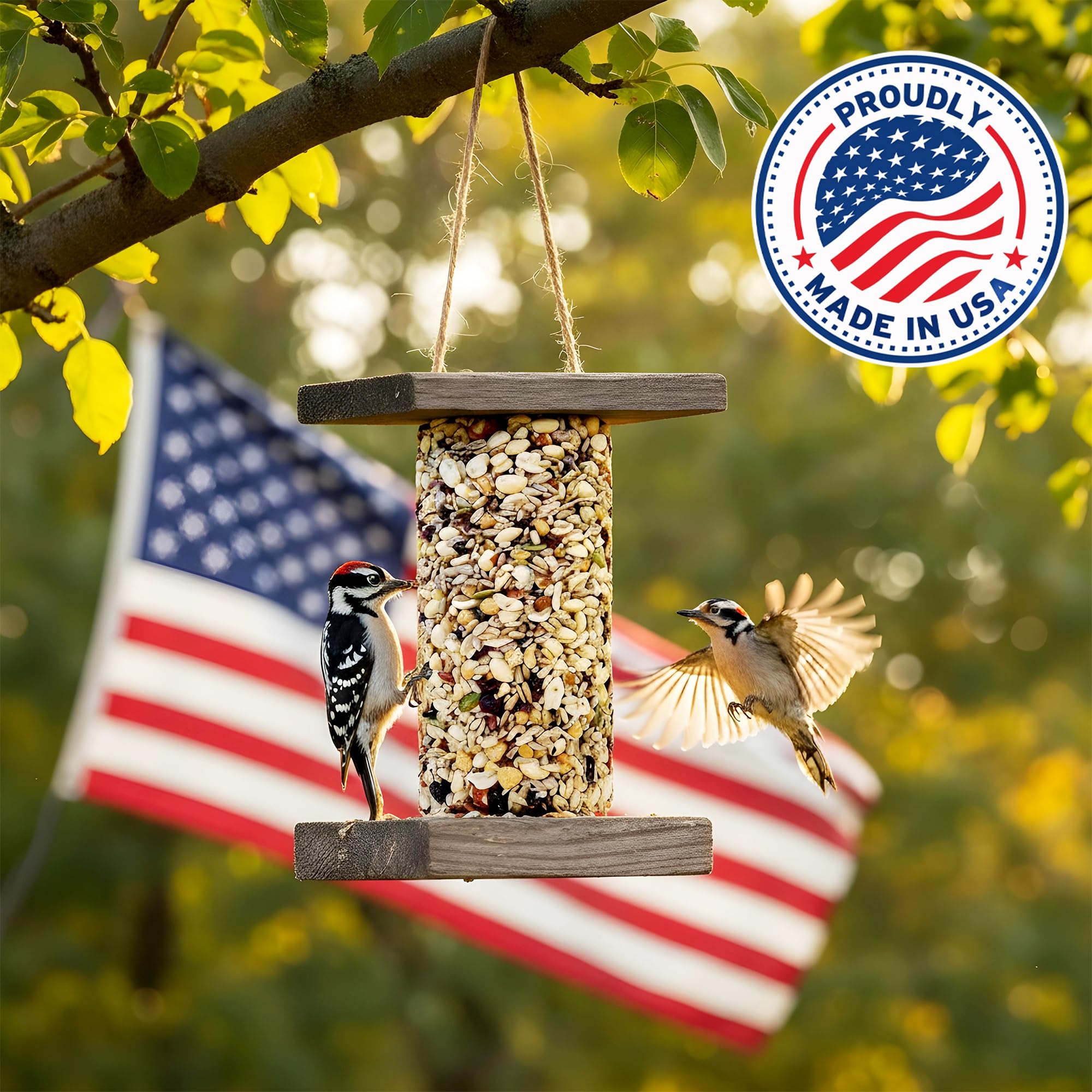 Flockin' Woodpecker Seed Cylinder durability no-shell design reduces mess.