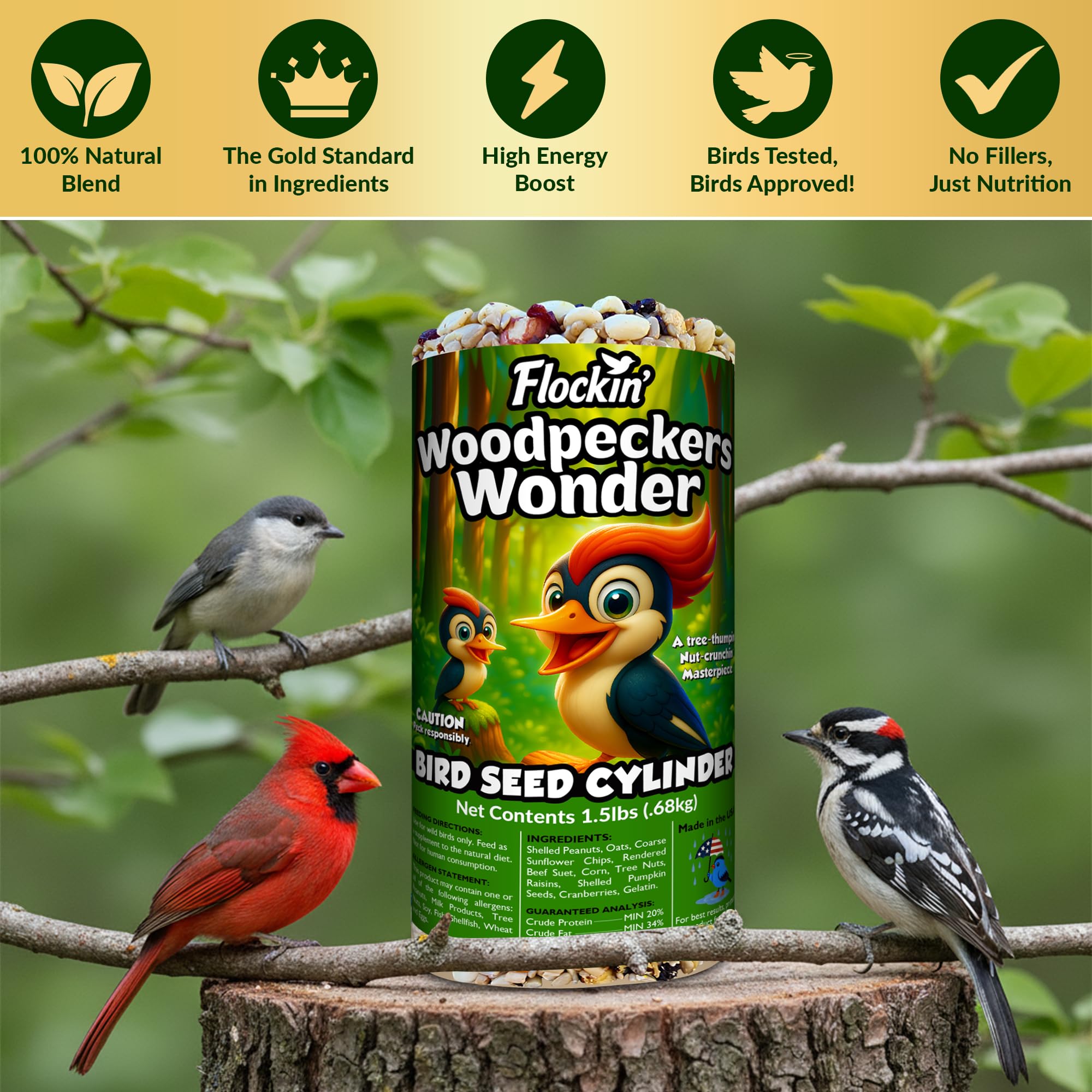 Flockin' Woodpecker Seed Cylinder size 4x7.75 inches showcased.