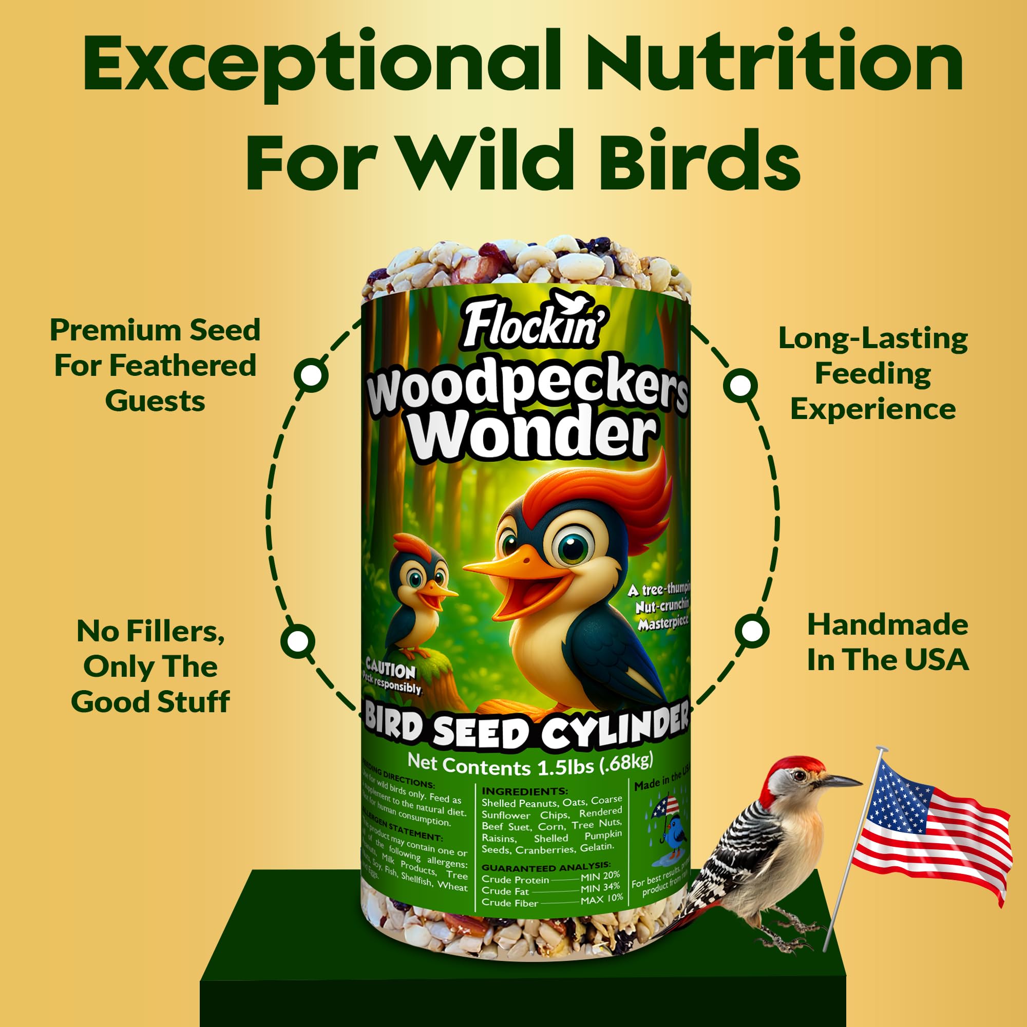 Flockin' Woodpecker Seed Cylinder feeding image with woodpeckers and visitors.
