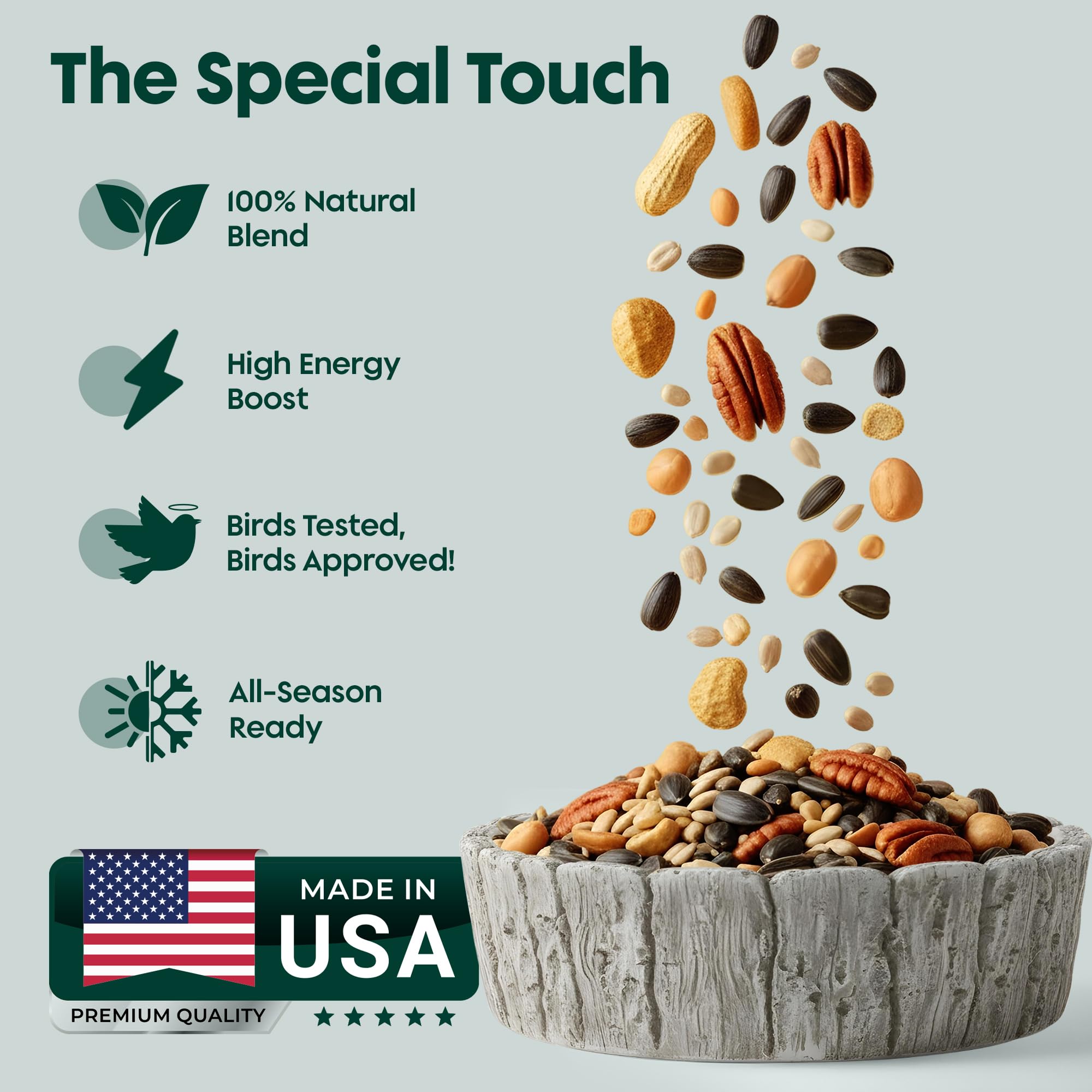 Flockin year-round bird food chips and peanuts provide energy for active birds.