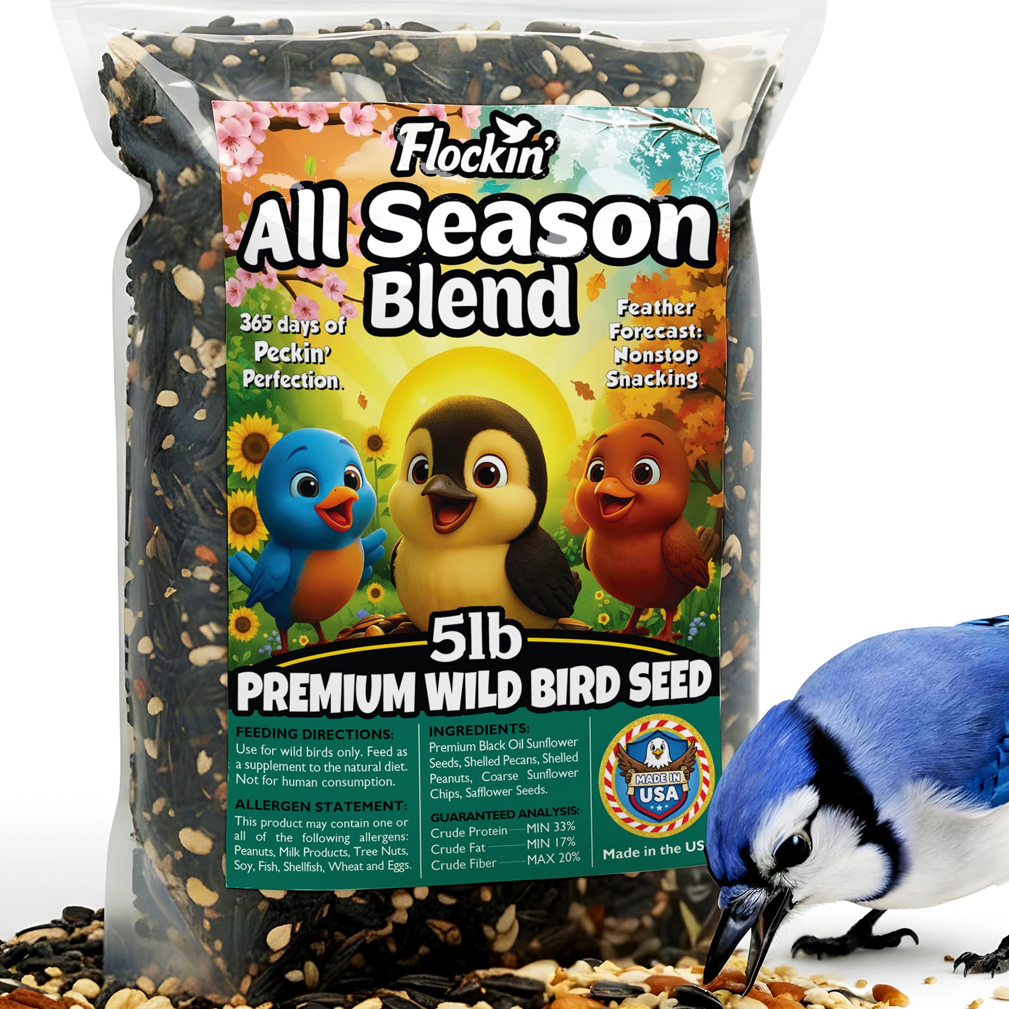Flockin year-round outdoor seed mix attracts backyard songbirds.