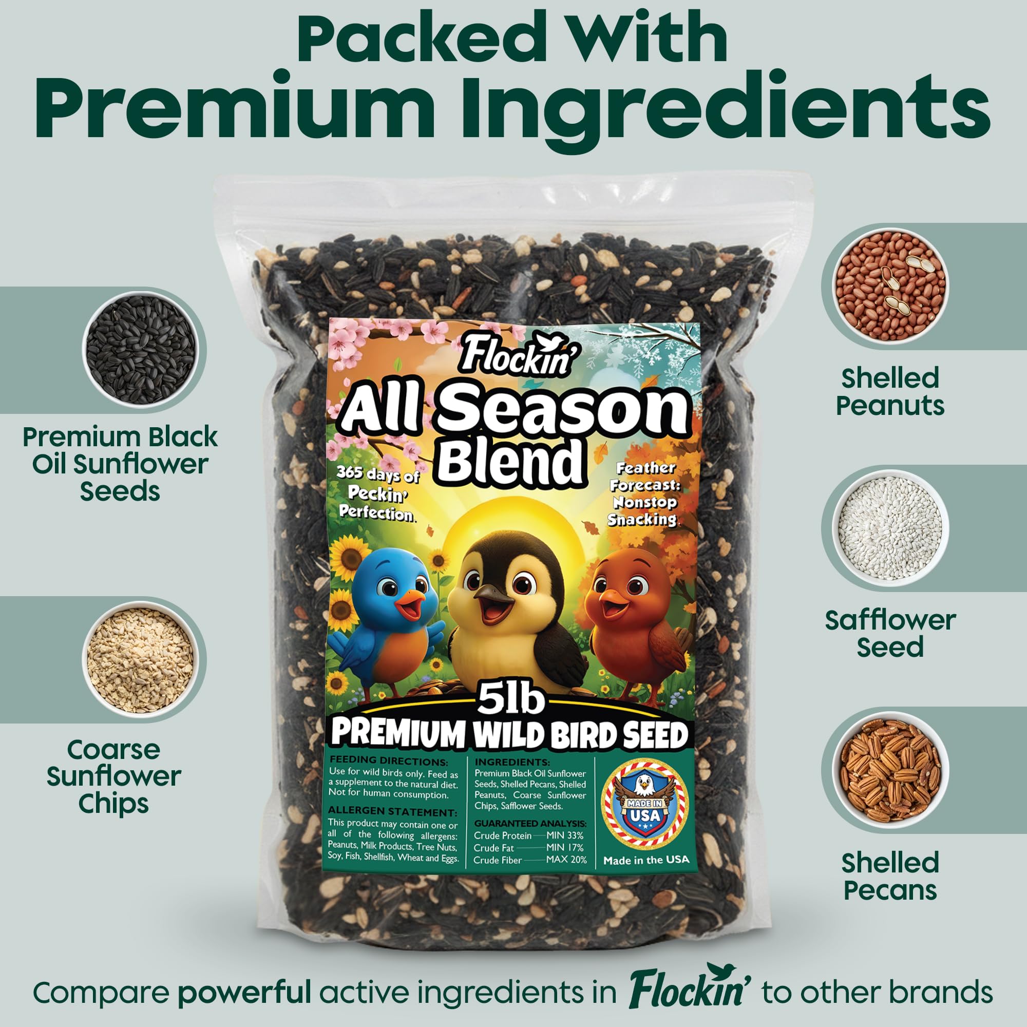 Flockin year-round bird food with sunflower seeds attracts diverse songbirds.