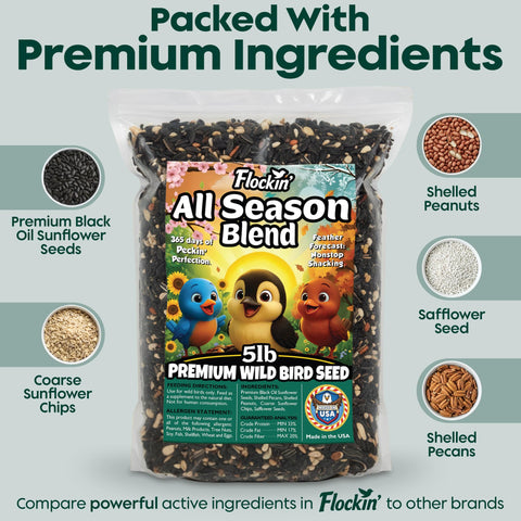 Flockin year-round bird food with sunflower seeds attracts diverse songbirds.