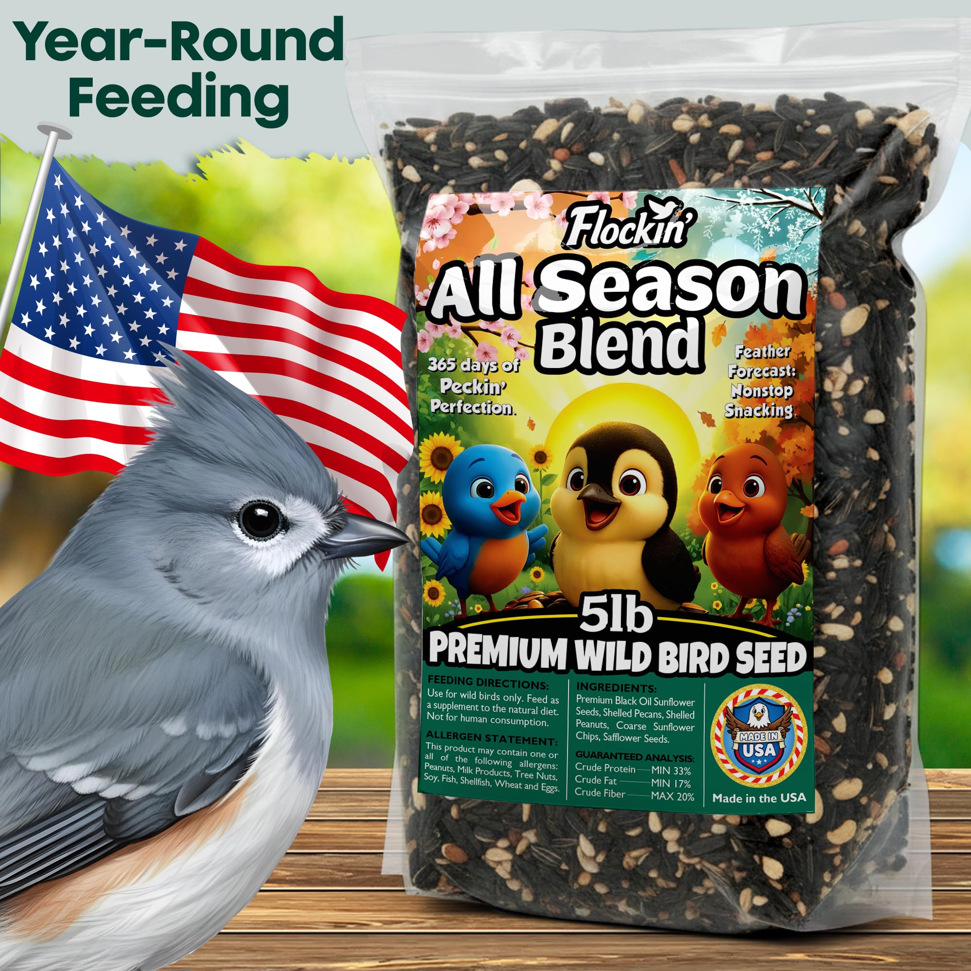 Flockin year-round bird food USA made label highlights quality standards.