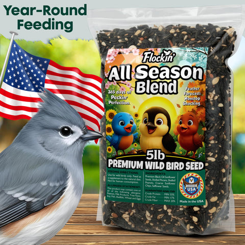 Flockin year-round bird food USA made label highlights quality standards.