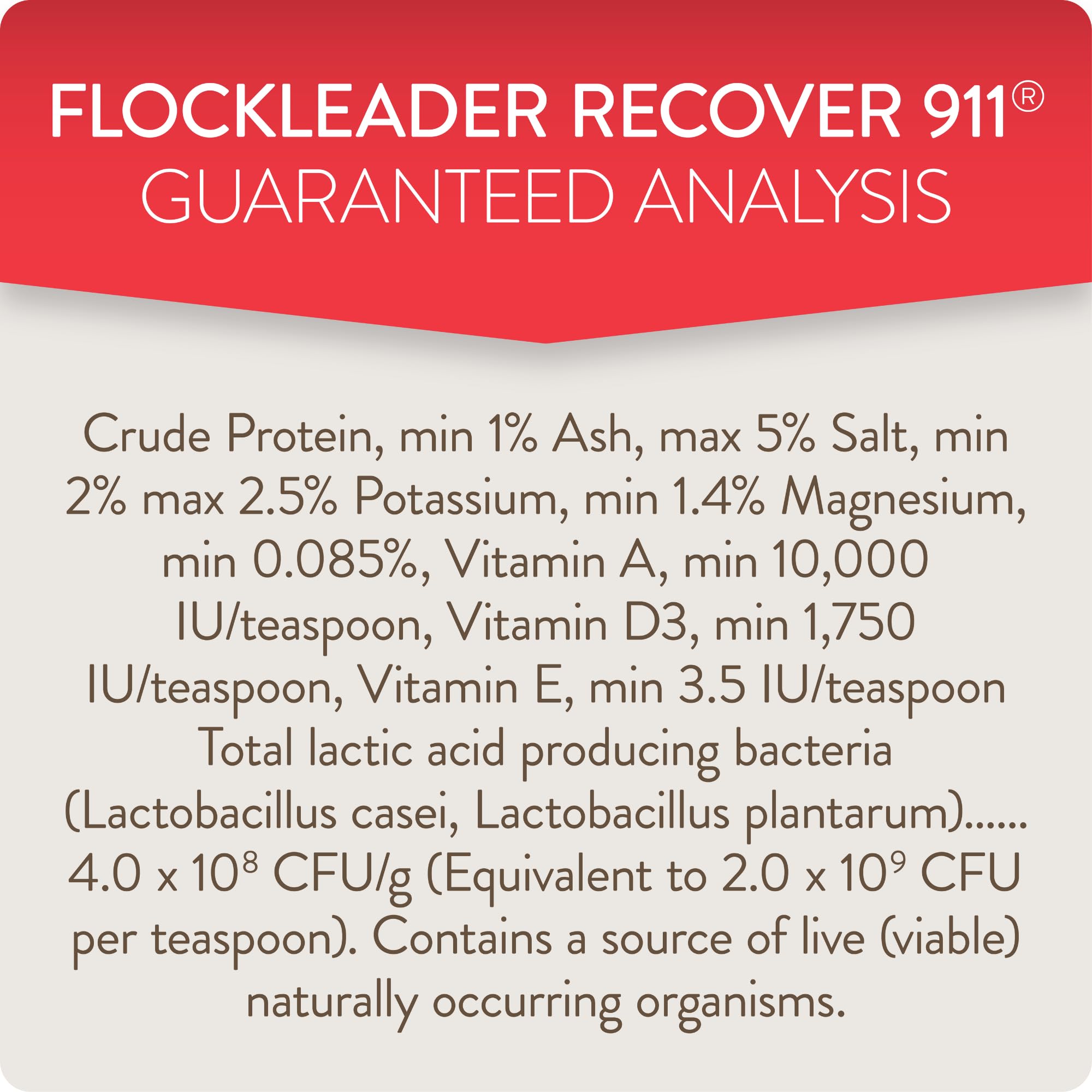 FLOCKLEADER Recover 911 ingredients graphic shows probiotics and electrolytes.