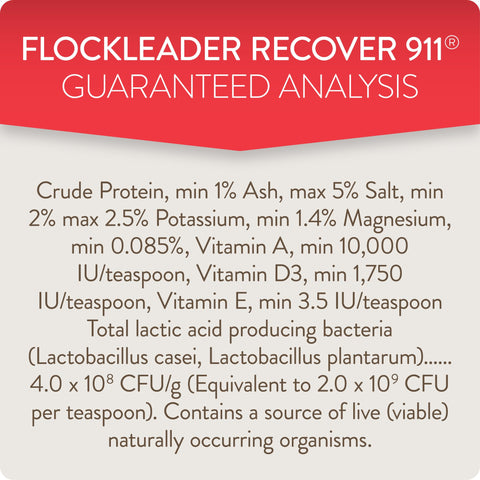 FLOCKLEADER Recover 911 ingredients graphic shows probiotics and electrolytes.