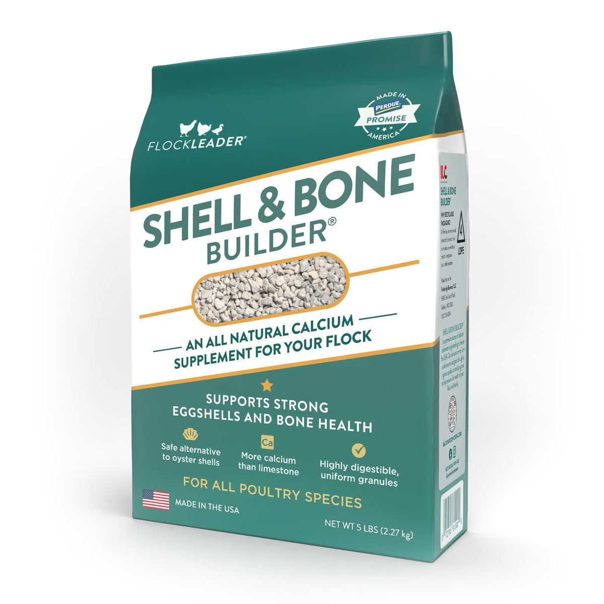 FLOCKLEADER Shell Bone Builder bag label highlights natural calcium for strong eggshells
