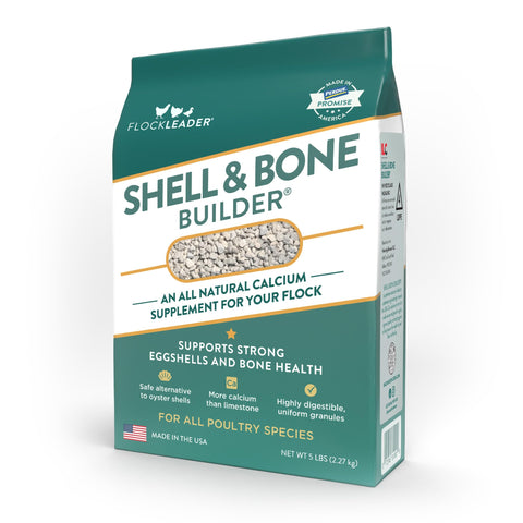 FLOCKLEADER Shell Bone Builder bag label highlights natural calcium for strong eggshells