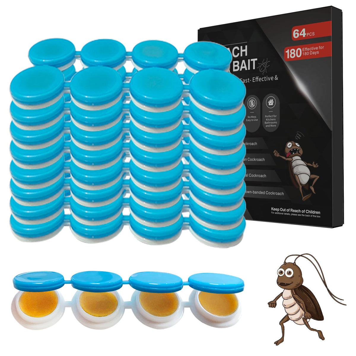 FLODTEEK 64-pack roach gel bait box for broad indoor control.