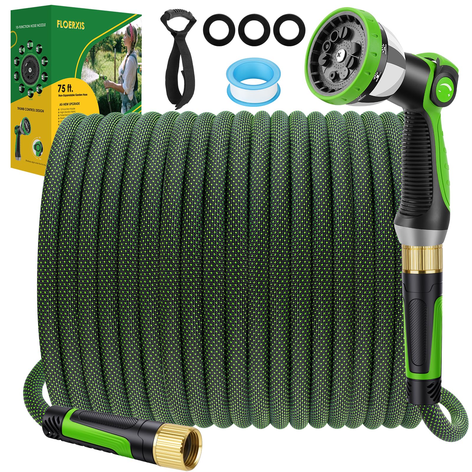 FLOERXIS 75 ft hose ideal for watering, cleaning, and car care.