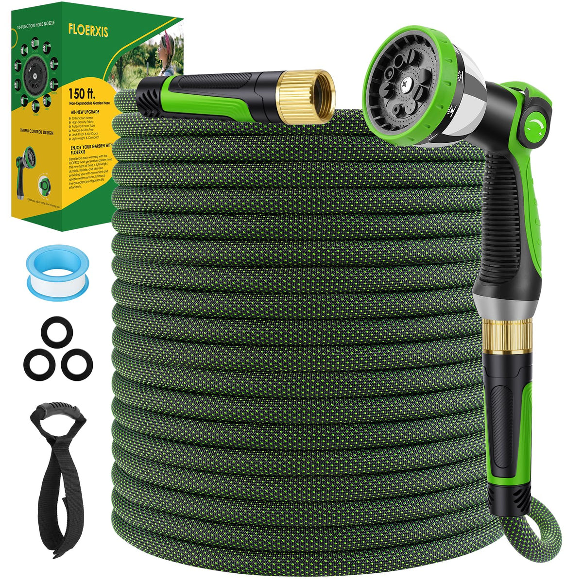 FLOERXIS non-expandable garden hose 150 ft for steady watering and longer lifespan.