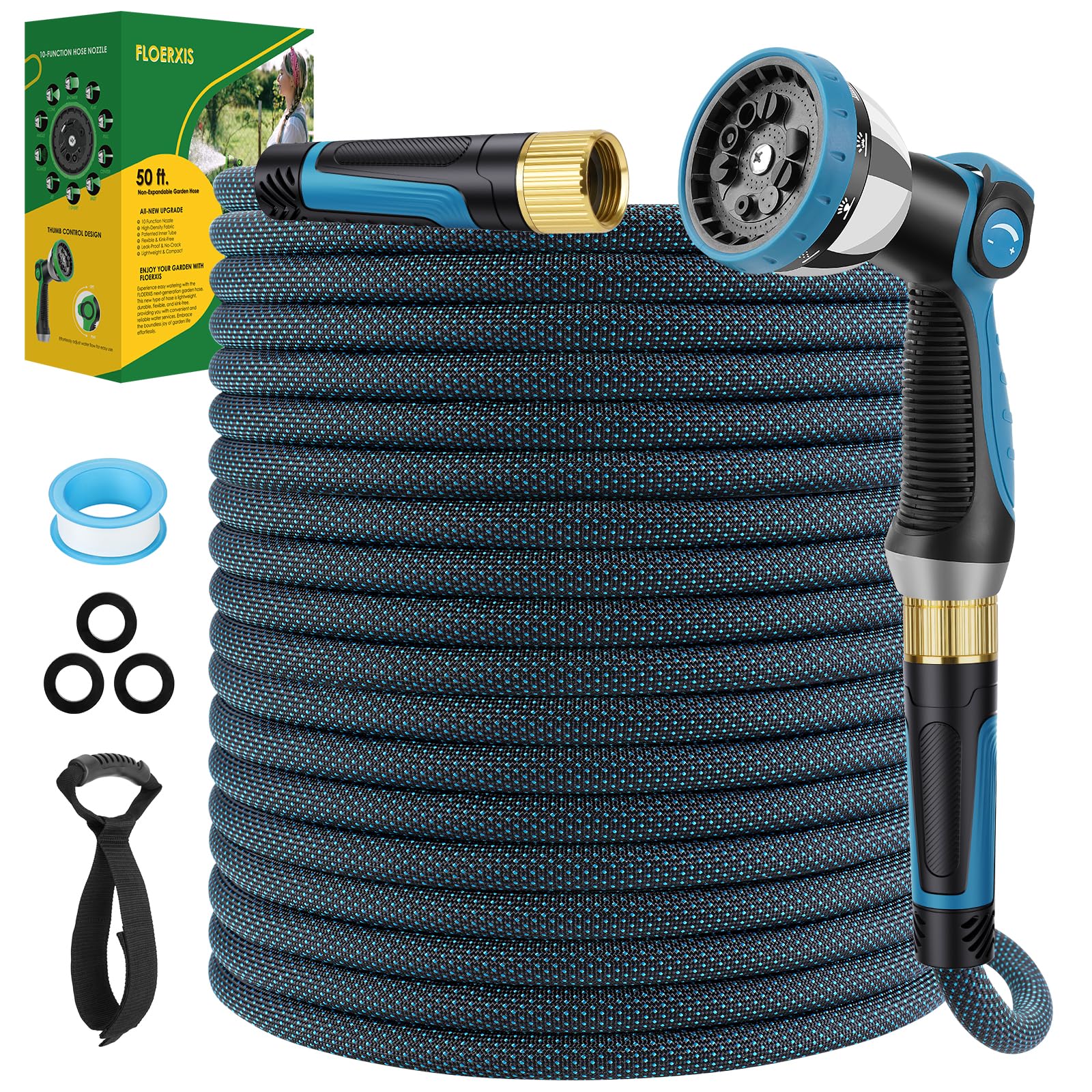 FLOERXIS non-expandable hose with 50 ft reach for steady watering.