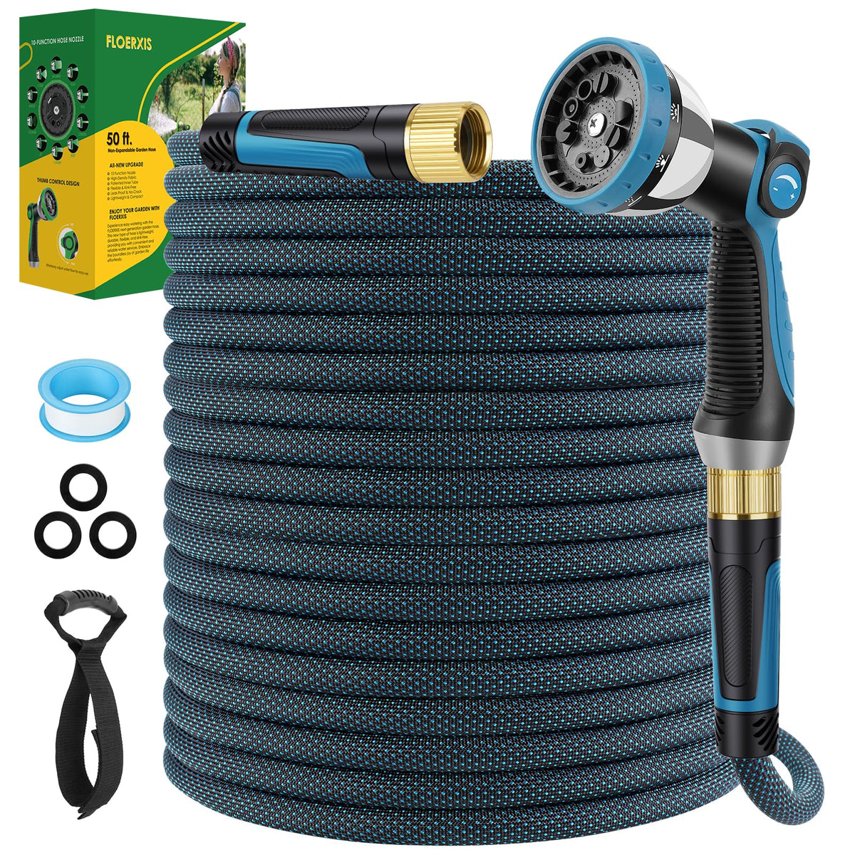 FLOERXIS non-expandable hose with 50 ft reach for steady watering.