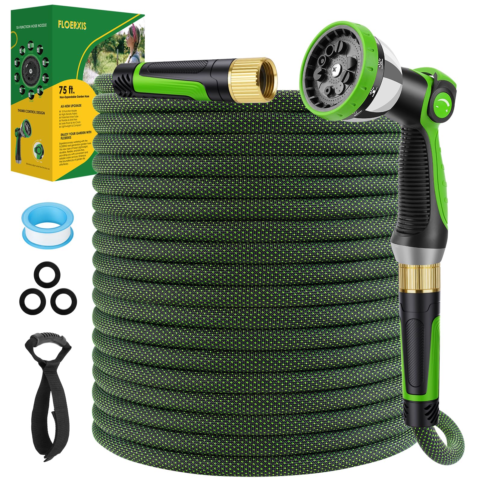 FLOERXIS 75 ft non-expandable hose for extended reach and kink-free watering.