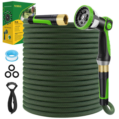 FLOERXIS 75 ft non-expandable hose for extended reach and kink-free watering.