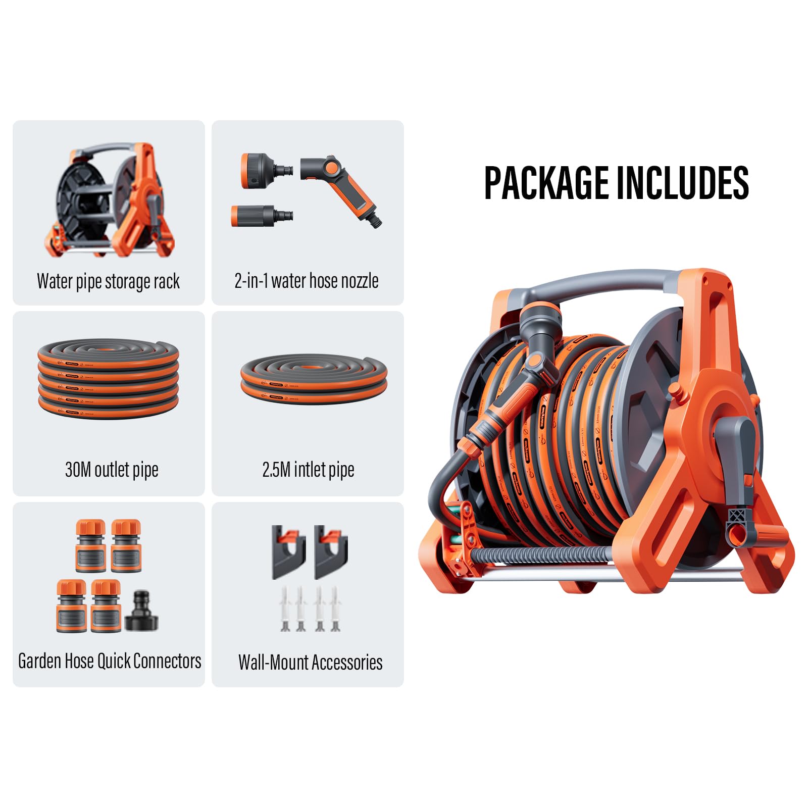 Flonexa hose reel shown with wall-mount for space-saving access.